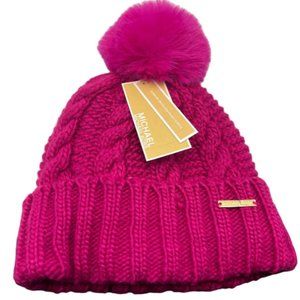 MICHAEL Michael Kors Cable Knit Pom Pom Fully Lined Pink Beanie Hat NWT